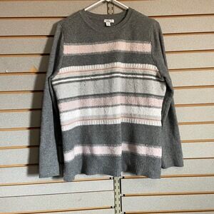 Croft & Barrow Womens Petite Large Grey Pink Striped Metallic Crew Neck Sweater